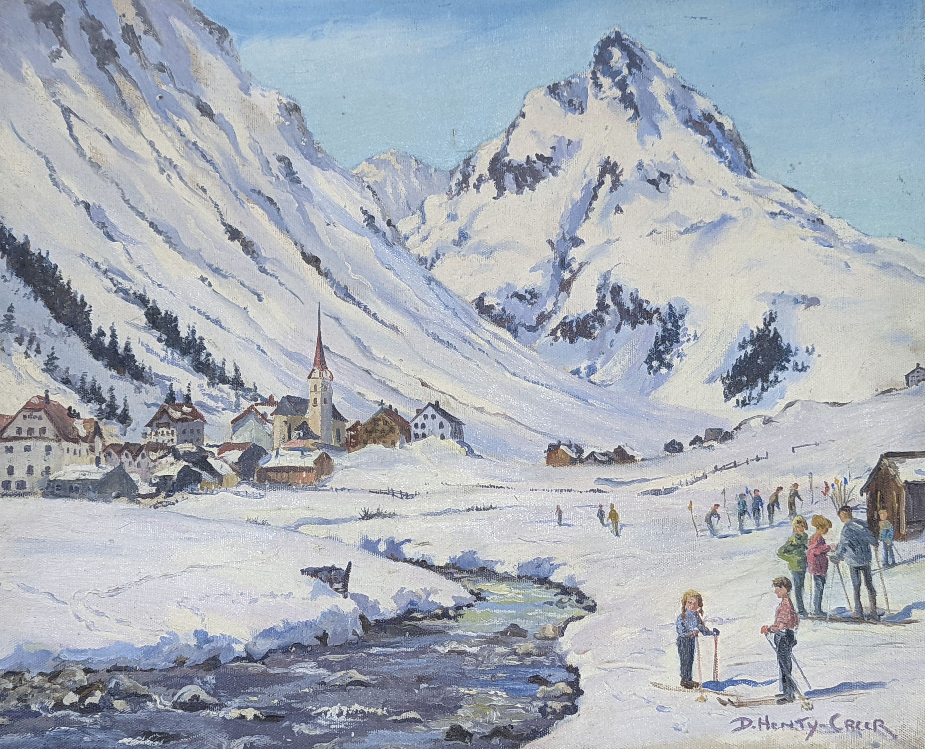 Deidre Henty-Creer (1918-2012), oil on board, Alpine landscape with skiers, signed, 40 x 50cm, unframed
